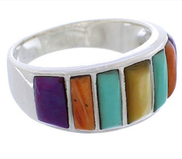 Sterling Silver Multicolor Inlay Ring Size 6-1/2 AX36849
